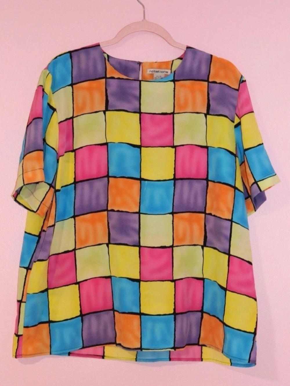 Vintage Notations Rainbow Checkers Short Sleeve Top XL Like New